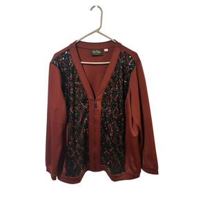 Bob Mackie Size 1X Wearable‎ Art Women's Maroon Sequin Zip-up Cardigan
